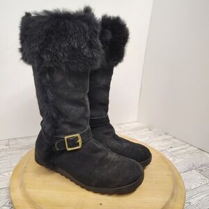 Coach Deeann Black Suede Fur Trim Boots Gold Buckle Sz 8B A7294 Winter Chic (F8)